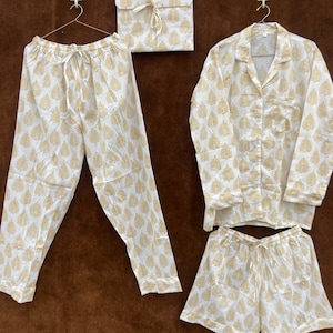 Block Print Cotton Pajama Set, Indian Handmade Women Night Suit, Floral Printed Cotton Night Dress, Pajama And Shirt And Short With Bag