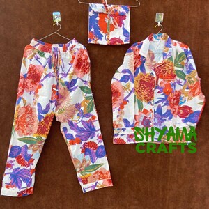 Indian Cotton Pajama Set, Handmade Women Night Dress, Floral Print Cotton Pajama Set, Pajama And Shirt With Set