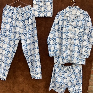 Women Cotton Night Dress, Indian Cotton Pajama Set, Handmade Night Suit, Pajama And Shirt And Short With Bag Set