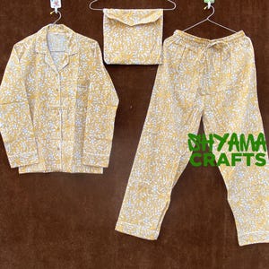 Ensemble pyjama imprimé bloc, Ensemble pyjama femme en coton indien, Ensemble pyjama nuit femme imprimé floral, pyjama et chemise avec sac