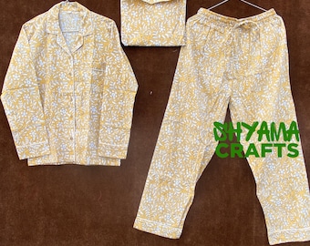 Hand Block Print Cotton Pajama Set: Floral Women's PJs with Bag