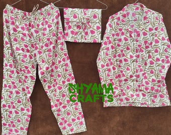 Floral Cotton Pajama Set: Handmade Indian Block Print Night Suit