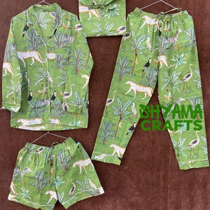 Ensemble pyjama à imprimé animal, ensemble pyjama en coton indien, robe verte en coton doux pour femme, ensemble pyjama et chemise courte avec sac