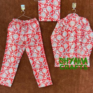 Ensemble de pyjama de couleur rouge, ensemble de pyjama en coton indien, ensemble de pyjama en coton à imprimé blocs faits main, pyjama de nuit pour femme et chemise avec sac