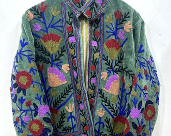 Velvet Suzani Jacket – Handmade Embroidered Boho Coat Embroidery Work
