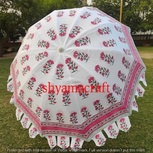 Pink Color Garden Umbrella, Hand Block Printed Cotton Big Parasol, Handmade Bohemian Beach Sun Shade Patio Decor