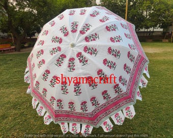 Pink Hand Block Printed Cotton Garden Umbrella: Bohemian Sun Shade