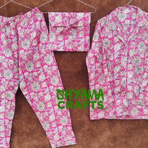 Ensemble pyjama indien en coton, chemise de nuit pour femme faite main, chemise de nuit florale rose, ensemble pyjama et chemise avec sac