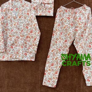 Indian Cotton Pajama Set, Soft Cotton Women Night Dress, Floral Printed Handmade Women Night Suit, Pajama And Shirt With Bag