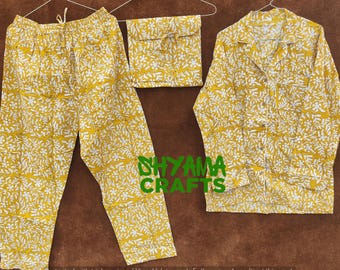 Yellow Cotton Pajama Set: Handmade Block Printed Night Suit