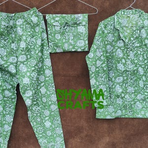 Ensemble de pyjama de couleur verte, costume de nuit indien en coton pour femme fait main, pyjama à imprimé floral et chemise avec sac