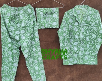Pijama indio de algodón con estampado floral verde hecho a mano con bolsa