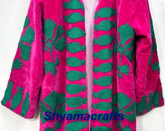 Luxury Velvet Suzani Kimono – Hand-Embroidered Silk Uzbek Coat