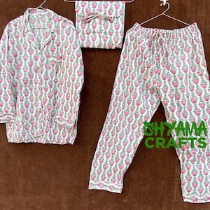 Indian Cotton Pajama Set, Handmade Women Night Dress, Floral Printed Cotton Pajama Set, Pajama And Shirt With Bag Set