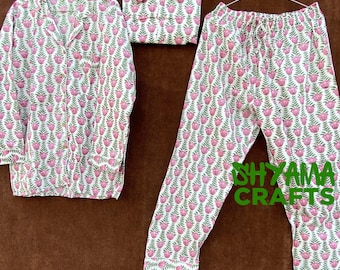 Pijama de algodón floral hecho a mano: camisón Jaipur con bolsa
