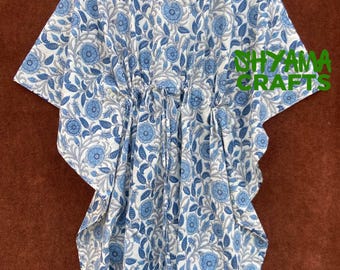 Floral Print Cotton Kaftan Dress: Handmade Indian Block Print