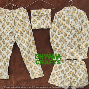 Ensemble pyjama à fleurs, ensemble pyjama en coton indien pour femme, ensemble de nuit, pyjama, chemise et short avec sac