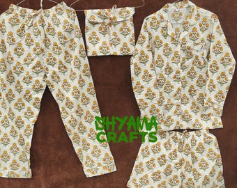 Conjunto de pijama de algodón con estampado floral: camisa, pantalones cortos y pantalones