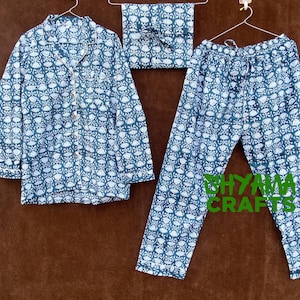 Block Print Cotton Pajama Set, Indian Handmade Women Cotton Night Dress, Floral Soft Cotton Pajama Set, Blue Color