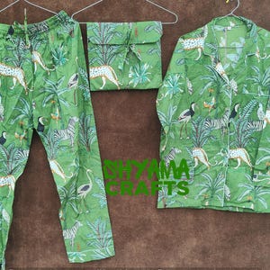 Animal Printed Cotton Pajama Set, Indian Handmade Women Night Dress, Green Color Cotton Women Night Suit