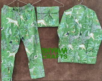 アニマルプリントコットンパジャマセット：ハンドメイドインドナイトスーツ