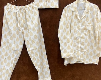 100% Cotton Loungewear Pajamas – Button‑Down Shirt & Pants, Block Printed, Women Night Dress