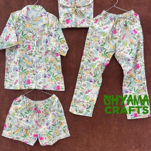Ensemble pyjama en coton à imprimé floral, robe de nuit indienne faite main pour femme, pyjama, chemise et short avec sac, robe en coton multi-tailles