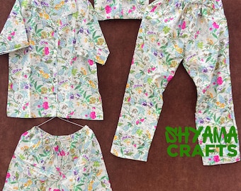 花柄コットンパジャマセット：ハンドメイドのインド製ナイトドレスとバッグ