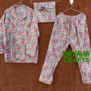 Women Pajama Set, Indian Cotton Pajama Set, Handmade Floral Printed Night Dress, Pajama And Shirt With Bag Set