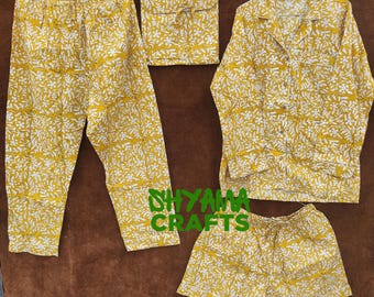 Hand Block Print Cotton Pajama Set: Yellow Floral Nightwear