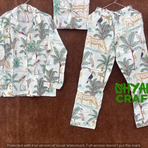 Ensemble de pyjama en coton à imprimé animal, chemise de nuit indienne pour femme faite main, pyjama et chemise de couleur blanche avec sac, chemise de nuit en coton doux pour femme