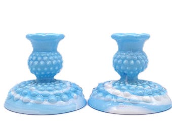 Pair Fenton Blue/White Marbled Hobnail Candle Holders, Vintage 1970's