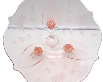 Vintage Jubilee Pink Etched Glass Footed Console Bowl,  Lancaster Glass, 1930s