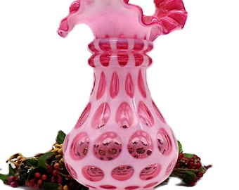 Fenton Pink 6" Coin Dot Vase, Ruffled Crimped Edge Vintage