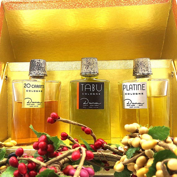 Vintage Dana Cologne Set: Tabu, 20 Carats, Platine Gold Flakes