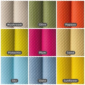 Colour options of the lampshade showing: Mushroom (Off-White), Olive (Dark Green), Papaya (Burnt Orange), Pistachio (Light Army Green), Plum (Deep Pink/Purple), Sand (Beige), Sky (Light Blue), Slate (Muted Blue/Grey) and Sunflower (Yellow)