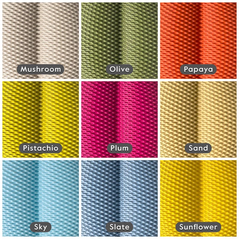 Colour options of the lampshade showing: Mushroom (Off-White), Olive (Dark Green), Papaya (Burnt Orange), Pistachio (Light Army Green), Plum (Deep Pink/Purple), Sand (Beige), Sky (Light Blue), Slate (Muted Blue/Grey) and Sunflower (Yellow)