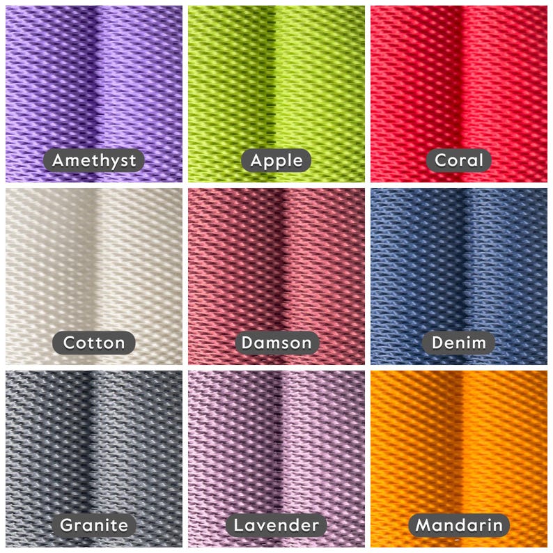 Colour options of the lampshade showing: Amethyst (Purple), Apple (Bright Green), Coral (Vibrant Pink), Cotton (White),  Damson (Muted Deep Purple/Pink), Denim (Dark Blue), Granite (Dark Grey), Lavender (Muted Purple), Mandarin (Orange)