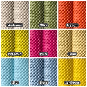 Floral lampshade colour options: 3×3 mesh swatches in mushroom, olive, papaya, pistachio, plum, sand, sky, slate and sunflower.