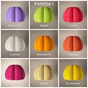 Alternative colour options of the lampshade including: Amethyst (Purple), Apple (Bright Green), Coral (Vibrant Pink), Cotton (White), Mandarin (Orange), Papaya (Burnt Orange), Plum (Deep Pink/Purple), Sand (Beige) and Sunflower (Yellow)