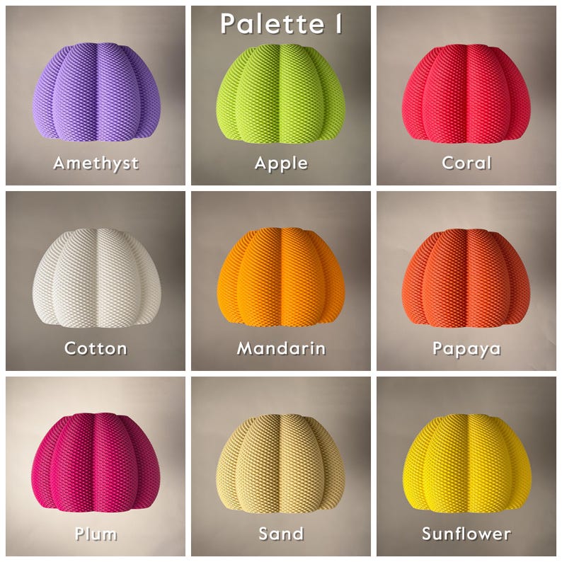 Alternative colour options of the lampshade including: Amethyst (Purple), Apple (Bright Green), Coral (Vibrant Pink), Cotton (White), Mandarin (Orange), Papaya (Burnt Orange), Plum (Deep Pink/Purple), Sand (Beige) and Sunflower (Yellow)