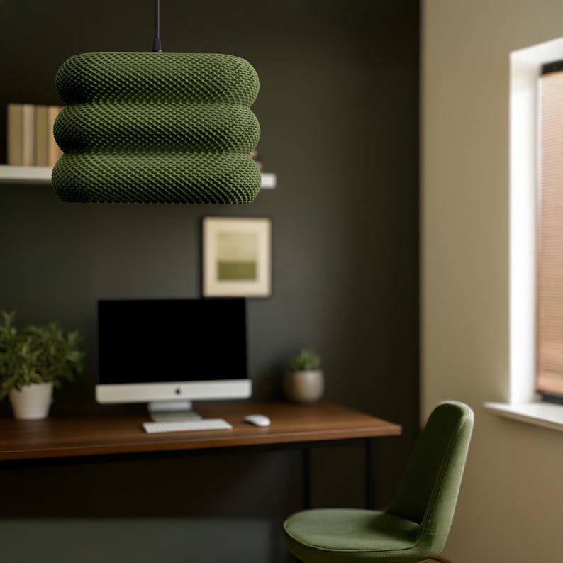 Olive coloured version of the shade shown in a home office setting.