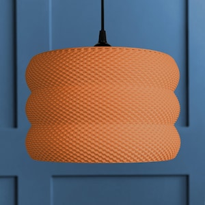 May include: An orange pendant light with a textured surface, resembling a honeycomb pattern. The light has a layered, rounded shape and is suspended by a black cord. The background is a blue wall.