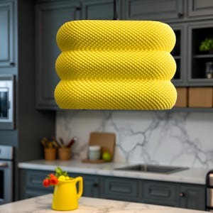 Sunflower version of the shade shown in Kitchen setting above an island.