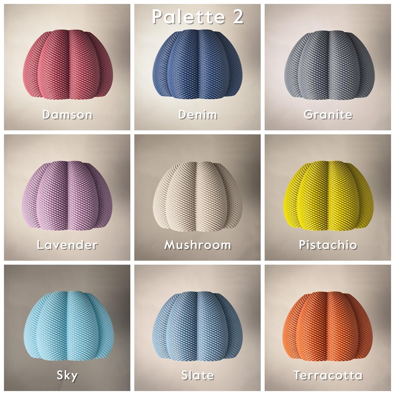 Alternative colour options of the lampshade, including: Damson (Muted Deep Purple/Pink), Denim (Dark Blue), Granite (Dark Grey), Lavender (Muted Purple), Mushroom (Off-White), Pistachio (Light Green / Dirty Yellow), Sky (Light Blue), Slate (Muted Blue/Grey), Terracotta (Deep Orange/Brown)