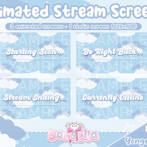 May include: Animated stream screens with a blue sky and white clouds background. The screens feature text that says "Starting Soon...", "Be Right Back...", "Stream Ending...", and "Currently Offline".