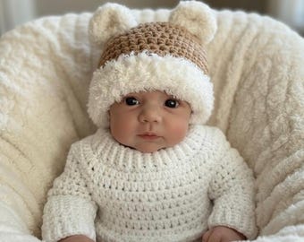 Crochet Baby Bear Hat – Newborn Outfit, Baby Shower Gift, Baby Photo Prop, Handmade Accessories, Pregnancy Announcement