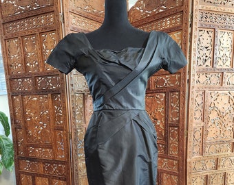 Rare Ceil Chapman Couture 50s Black Silk Taffeta Wiggle Dress, XS