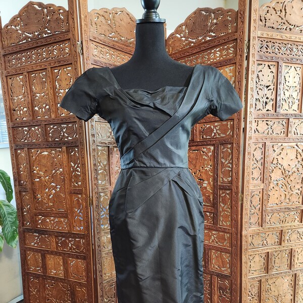 Rare Ceil Chapman Couture 50s Black Silk Taffeta Wiggle Dress, XS