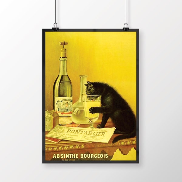 Absinthe Black Cat Vintage French Food&Drink Poster, Home Bar Print, Advertisement Advert, Old French Poster Print, Kitchen Wall Art Decor